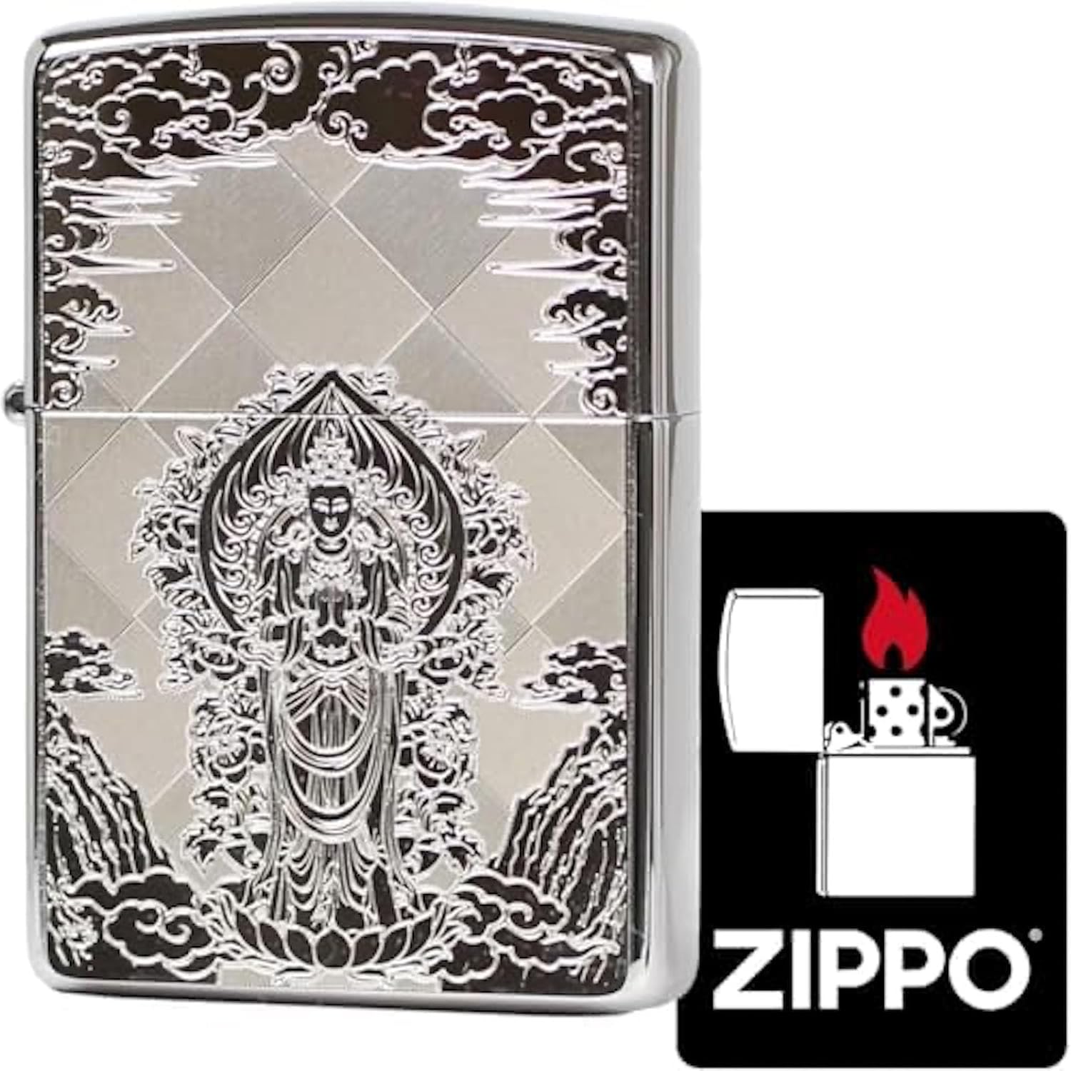 Zippo Oil Lighter Flint Brass 2MP - Saint Guan Yin Bodhisatta Special Sticker Silver Luck Amulet Bodhattva Japanese Pattern