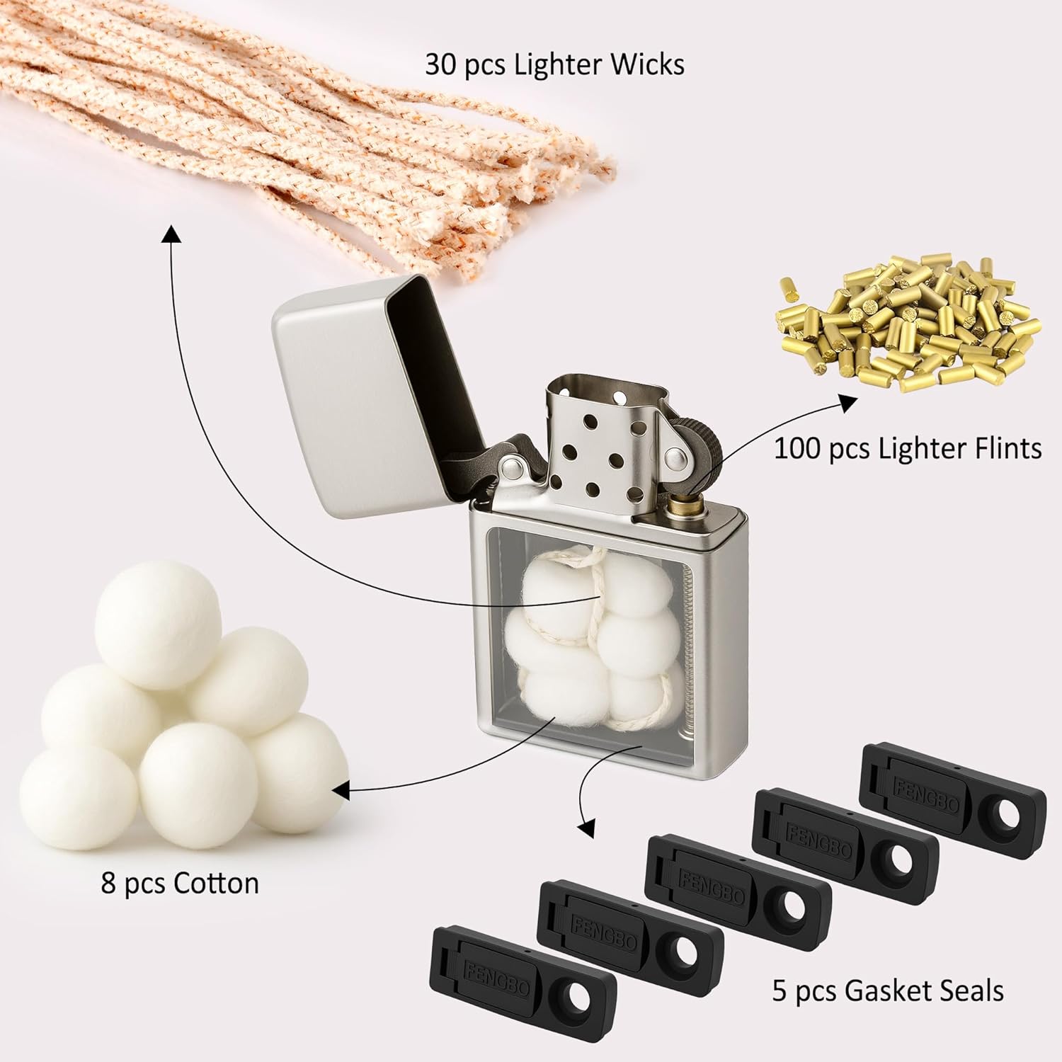 Ultimate Lighter Repair Kit for Kerosene Lighter Replacement Consumption（100Pcs Flint, 30Pcs Wick, Cotton Wadding & 5pcs Rubber Felt Pad）
