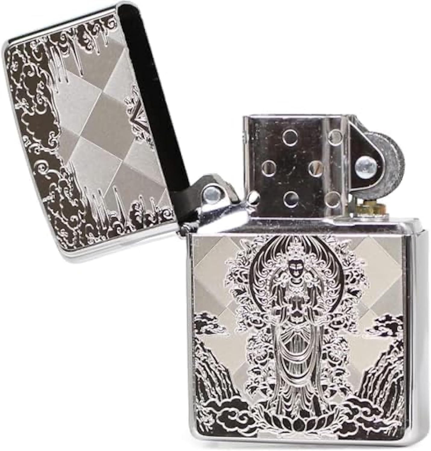 Zippo Oil Lighter Flint Brass 2MP - Saint Guan Yin Bodhisatta Special Sticker Silver Luck Amulet Bodhattva Japanese Pattern